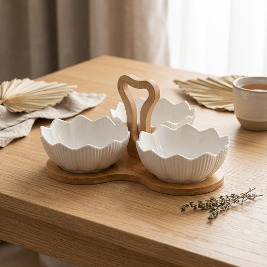 Porcelain Bowl 5.5 Inch Set with Wooden Stand 3 Pcs